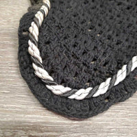 Crochet Ear Bonnet Fly Veil, string, piping *gc, clean, mnr dirt?stains, hair, older, curled
