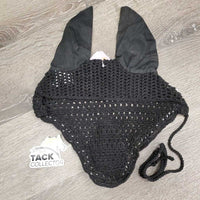 Crochet Ear Bonnet Fly Veil, string, piping *gc, clean, mnr dirt?stains, hair, older, curled
