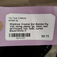 Crochet Ear Bonnet Fly Veil, string, piping *gc, clean, mnr dirt?stains, hair, older, curled
