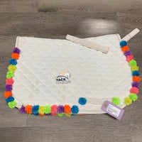 Quilt Jumper Saddle Pad, pom poms *gc, glue residue, clumpy, mnr dirt, stains?, puckers, pills, threads