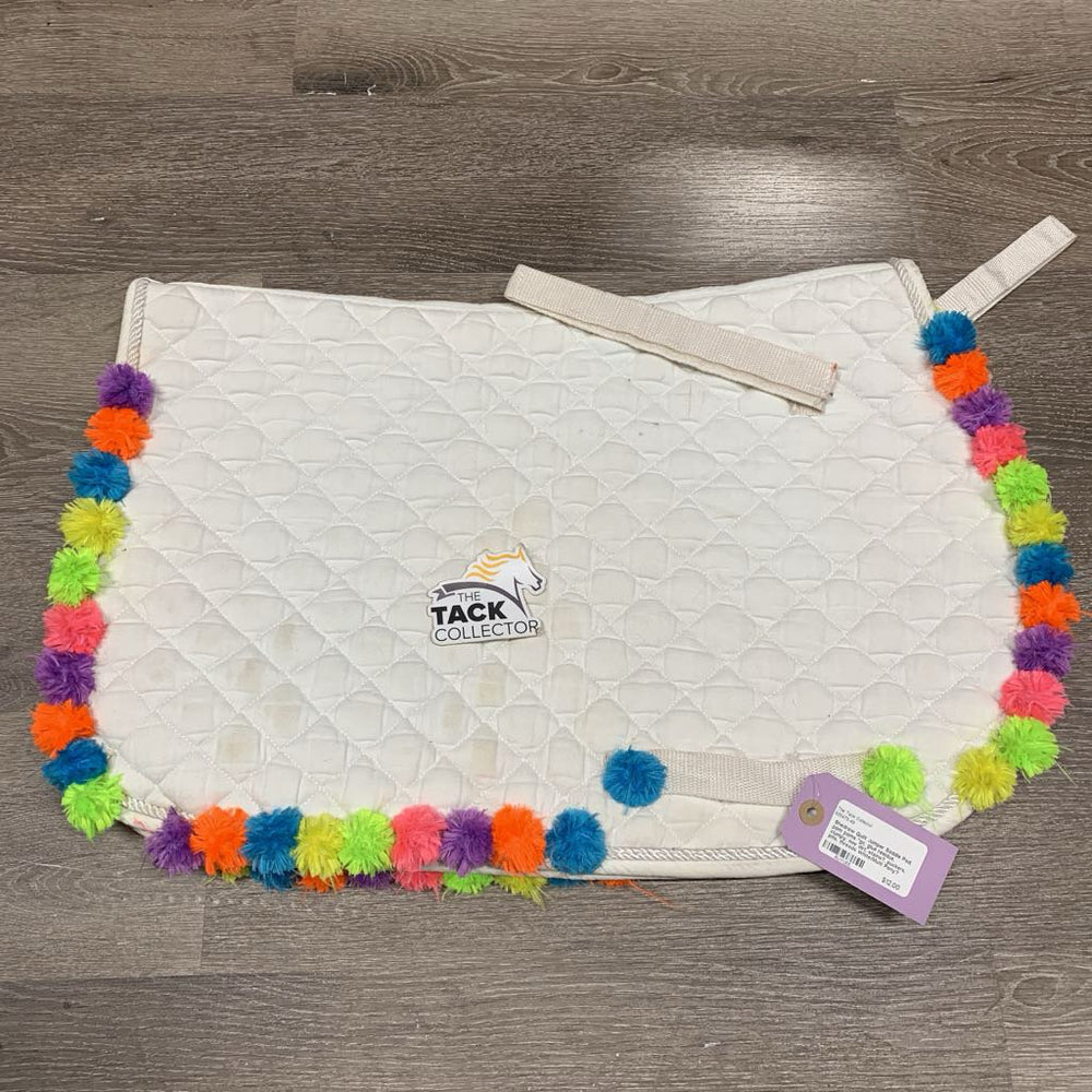 Quilt Jumper Saddle Pad, pom poms *gc, glue residue, clumpy, mnr dirt, stains?, puckers, pills, threads