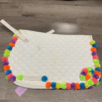 Quilt Jumper Saddle Pad, pom poms *gc, glue residue, clumpy, mnr dirt, stains?, puckers, pills, threads