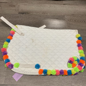 Quilt Jumper Saddle Pad, pom poms *gc, glue residue, clumpy, mnr dirt, stains?, puckers, pills, threads