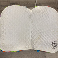 Quilt Jumper Saddle Pad, pom poms *gc, glue residue, clumpy, mnr dirt, stains?, puckers, pills, threads
