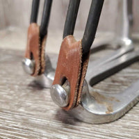 Pr Hvy Peacock Safety Stirrup Irons, elastics, keepers *NO Grips, like new els & keepers, mnr dirt/residue, clean, scratches, scrapes