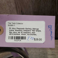 Pr Hvy Peacock Safety Stirrup Irons, elastics, keepers *NO Grips, like new els & keepers, mnr dirt/residue, clean, scratches, scrapes
