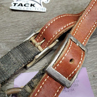 Stiff Nylon Halter, Thick Soft Leather Crown, spring snap *fair, dirty, edge rubs & snags, bent snap, rust, faded, like new crown