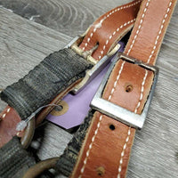 Stiff Nylon Halter, Thick Soft Leather Crown, spring snap *fair, dirty, edge rubs & snags, bent snap, rust, faded, like new crown
