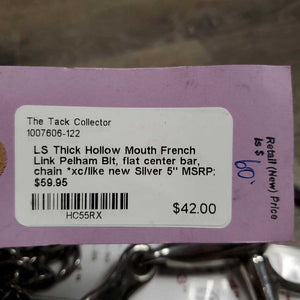 LS Thick Hollow Mouth French Link Pelham Bit, flat center bar, chain *xc/like new