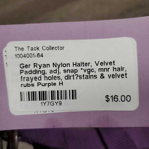 Nylon Halter, Velvet Padding, adj, snap *vgc, mnr hair, frayed holes, dirt?stains & velvet rubs