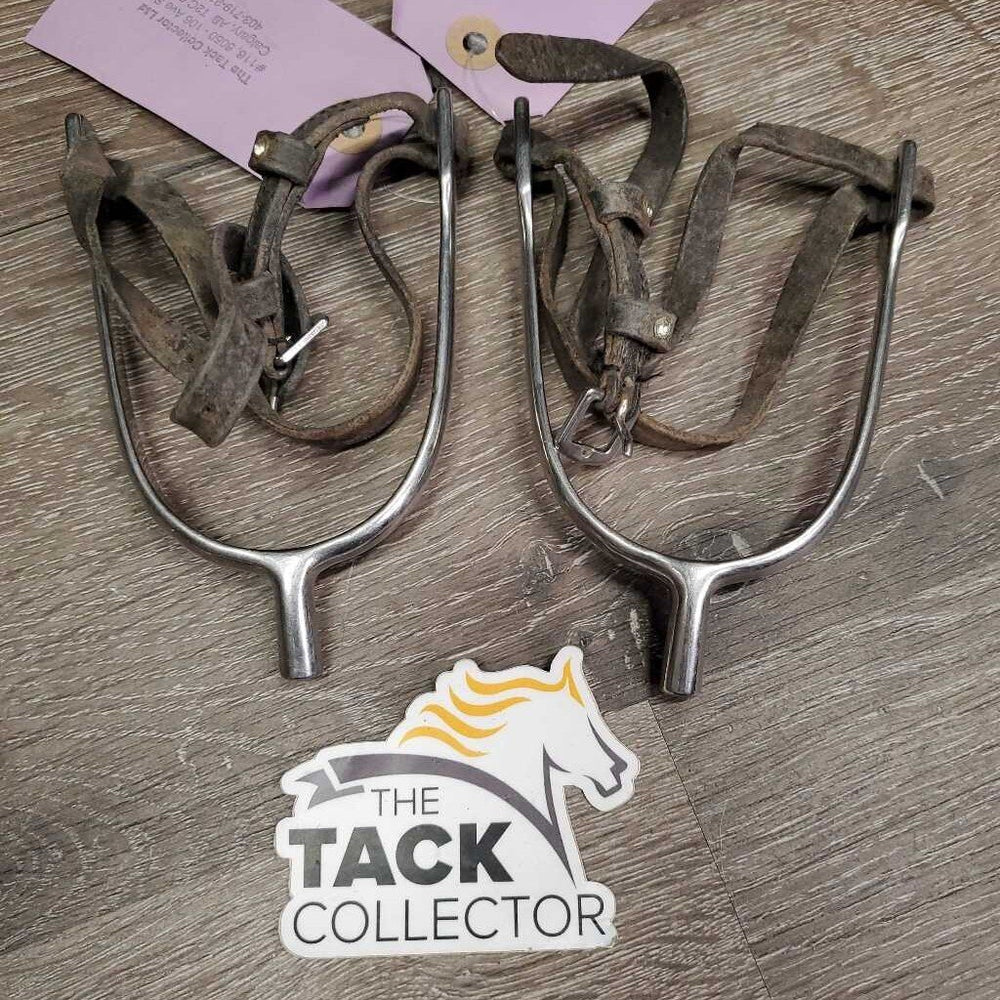 Pr POW Spurs, Leather Spur Straps *gc, clean scratches & dry, stiff, dirt, film, xholes