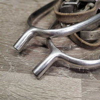 Pr POW Spurs, Leather Spur Straps *gc, clean scratches & dry, stiff, dirt, film, xholes
