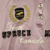 SS Polo Shirt, 1/4 Button Up"Team Spruce Meadows" *gc, pit stains, curled collar end, curled/creased velvet, logo rubs & threads
