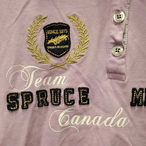 SS Polo Shirt, 1/4 Button Up"Team Spruce Meadows" *gc, pit stains, curled collar end, curled/creased velvet, logo rubs & threads