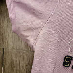 SS Polo Shirt, 1/4 Button Up"Team Spruce Meadows" *gc, pit stains, curled collar end, curled/creased velvet, logo rubs & threads