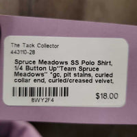SS Polo Shirt, 1/4 Button Up"Team Spruce Meadows" *gc, pit stains, curled collar end, curled/creased velvet, logo rubs & threads

