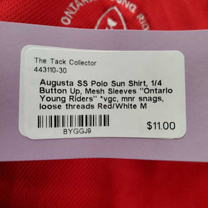 SS Polo Sun Shirt, 1/4 Button Up, Mesh Sleeves "Ontario Young Riders" *vgc, mnr snags, loose threads
