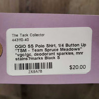 SS Polo Shirt, 1/4 Button Up "TSM - Team Spruce Meadows" *vgc/gc, deodorant sparkles, mnr stains?marks