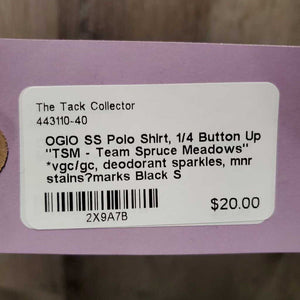 SS Polo Shirt, 1/4 Button Up "TSM - Team Spruce Meadows" *vgc/gc, deodorant sparkles, mnr stains?marks