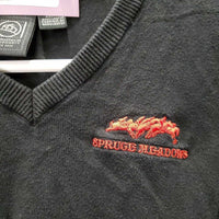 LS V Neck Cotton Sweater "Spruce Meadows" *gc, hair, pilly, faded, edge rubs
