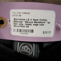 LS V Neck Cotton Sweater "Spruce Meadows" *gc, hair, pilly, faded, edge rubs
