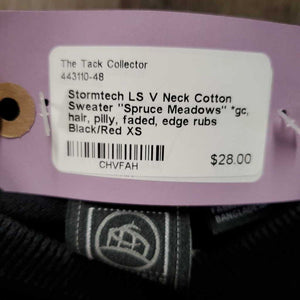 LS V Neck Cotton Sweater "Spruce Meadows" *gc, hair, pilly, faded, edge rubs
