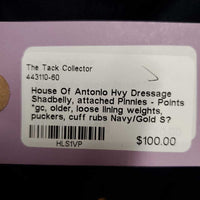 Hvy Dressage Shadbelly, attached Pinnies - Points *gc, older, loose lining weights, puckers, cuff rubs
