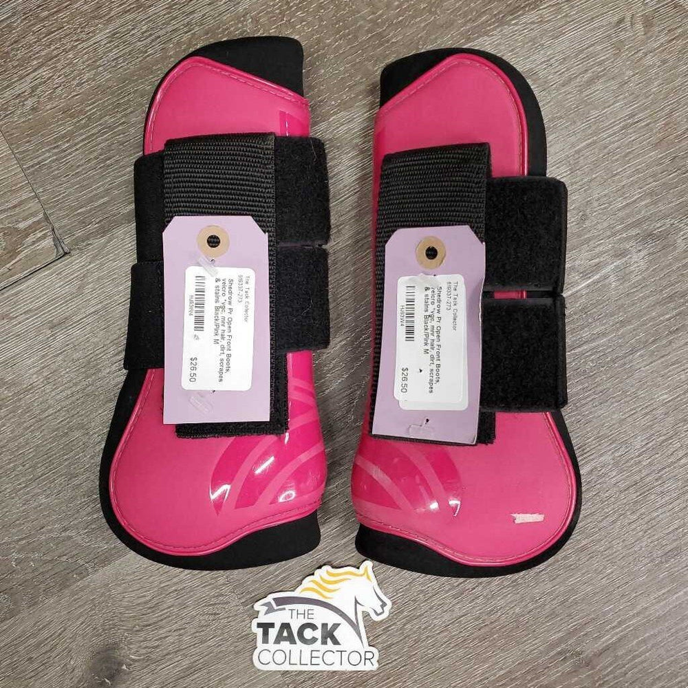 Pr Open Front Boots, velcro *vgc, mnr hair, dirt, scrapes & stains