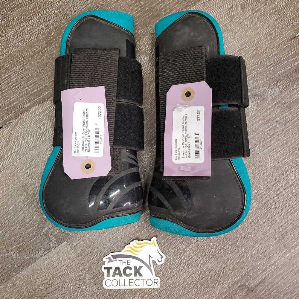 Pr Open Front Boots, velcro *gc, dirty, stains, scrapes