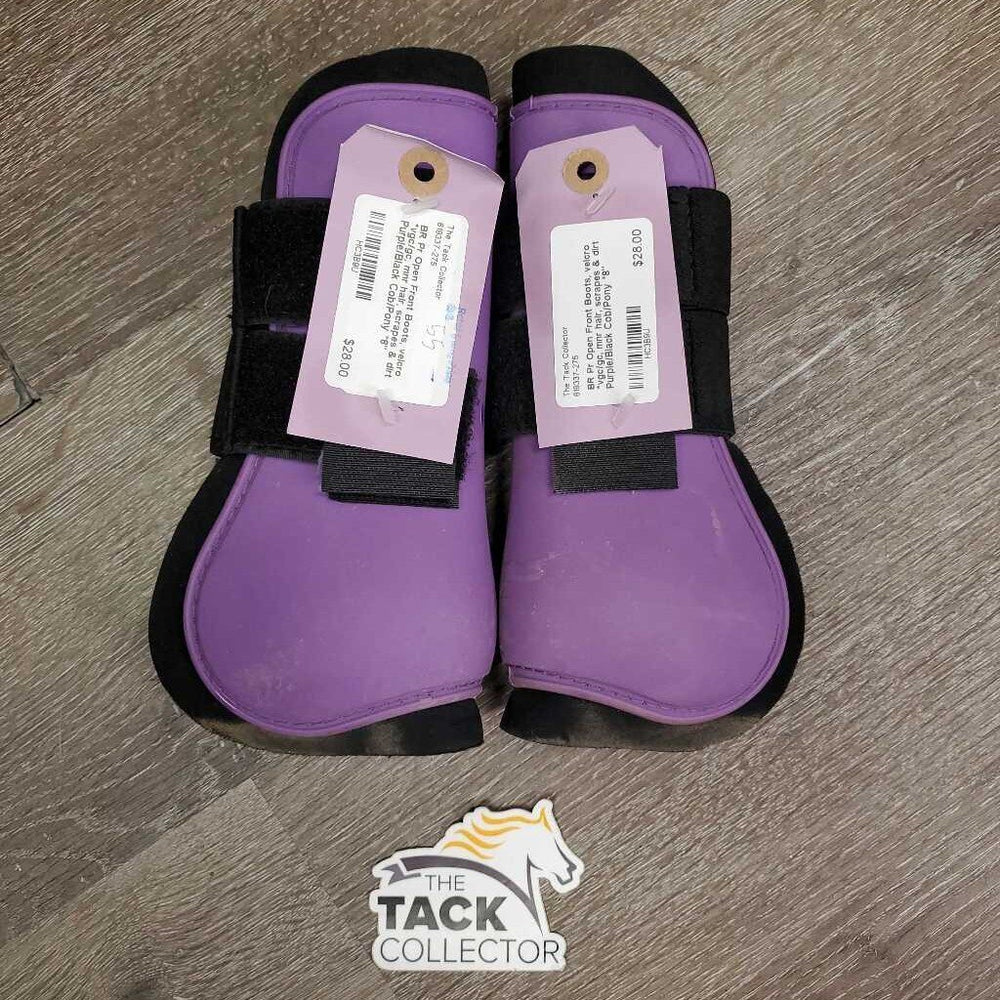 Pr Open Front Boots, velcro *vgc/gc, mnr hair, scrapes & dirt