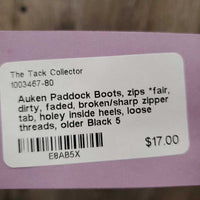 Paddock Boots, zips *fair, dirty, faded, broken/sharp zipper tab, holey inside heels, loose threads, older
