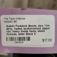 Paddock Boots, zips *fair, dirty, faded, broken/sharp zipper tab, holey inside heels, loose threads, older
