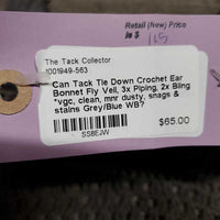 Tie Down Crochet Ear Bonnet Fly Veil, 3x Piping, 2x Bling *vgc, clean, mnr dusty, snags & stains
