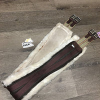 Nylon Web, Neoprene & Fleece Lined Girth, 2x els, D Ring *gc, clean, mnr hair, stains & rubs, thin & clumpy edges