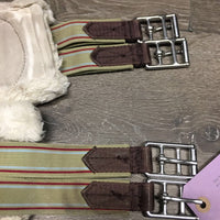 Nylon Web, Neoprene & Fleece Lined Girth, 2x els, D Ring *gc, clean, mnr hair, stains & rubs, thin & clumpy edges