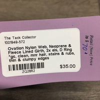 Nylon Web, Neoprene & Fleece Lined Girth, 2x els, D Ring *gc, clean, mnr hair, stains & rubs, thin & clumpy edges
