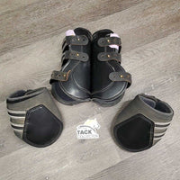 M/L Front & XLg Hind Boots, tabs *gc/fair, clean, rubs, faded, rips, mismatched, too small front liners, unstitched velcro
