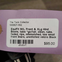 M/L Front & XLg Hind Boots, tabs *gc/fair, clean, rubs, faded, rips, mismatched, too small front liners, unstitched velcro
