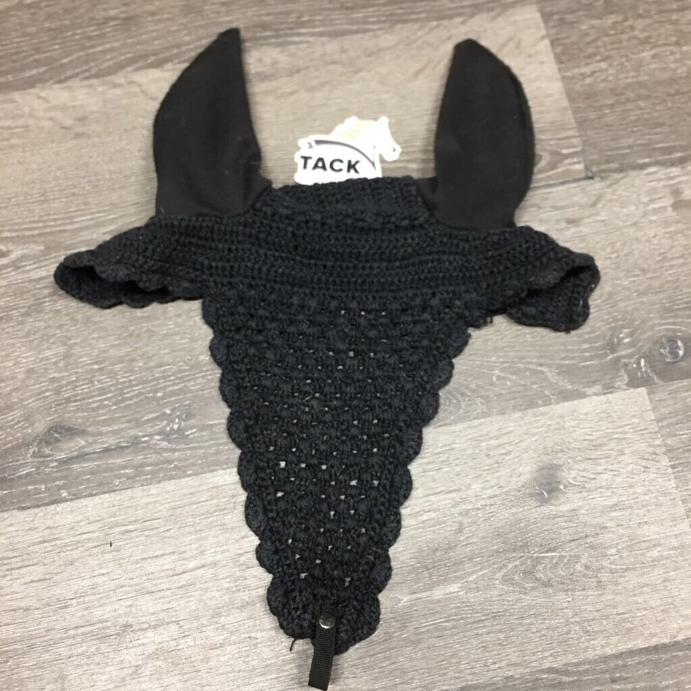 Tie Down Crochet Fly Veil Ear Bonnet, noseband snap *gc/fair, clean, v.pilly & snagged ears, faded, sm holes, frayed inner seams