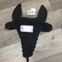 Tie Down Crochet Fly Veil Ear Bonnet, noseband snap *gc/fair, clean, v.pilly & snagged ears, faded, sm holes, frayed inner seams