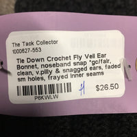 Tie Down Crochet Fly Veil Ear Bonnet, noseband snap *gc/fair, clean, v.pilly & snagged ears, faded, sm holes, frayed inner seams
