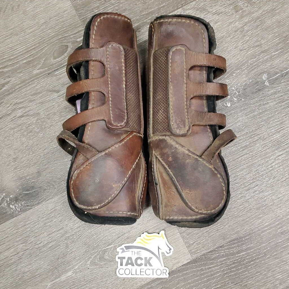 Open Front Leather Boots, Neoprene Liners, buckles *fair, dirty, dents, older, peeled lining, rubs, faded