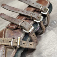 Open Front Leather Boots, Neoprene Liners, buckles *fair, dirty, dents, older, peeled lining, rubs, faded
