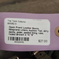 Open Front Leather Boots, Neoprene Liners, buckles *fair, dirty, dents, older, peeled lining, rubs, faded