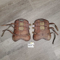 Pr Open Front Leather Boots, Foam Liners, buckles *gc/fair, dirt, hair, scuffs, sticky liners, older