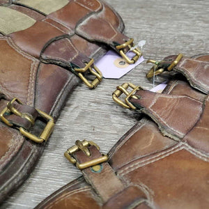 Pr Open Front Leather Boots, Foam Liners, buckles *gc/fair, dirt, hair, scuffs, sticky liners, older