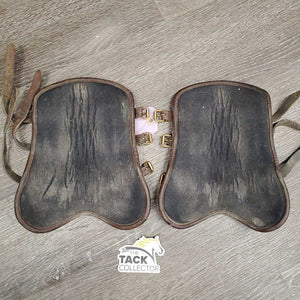 Pr Open Front Leather Boots, Foam Liners, buckles *gc/fair, dirt, hair, scuffs, sticky liners, older