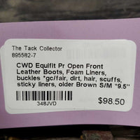 Pr Open Front Leather Boots, Foam Liners, buckles *gc/fair, dirt, hair, scuffs, sticky liners, older