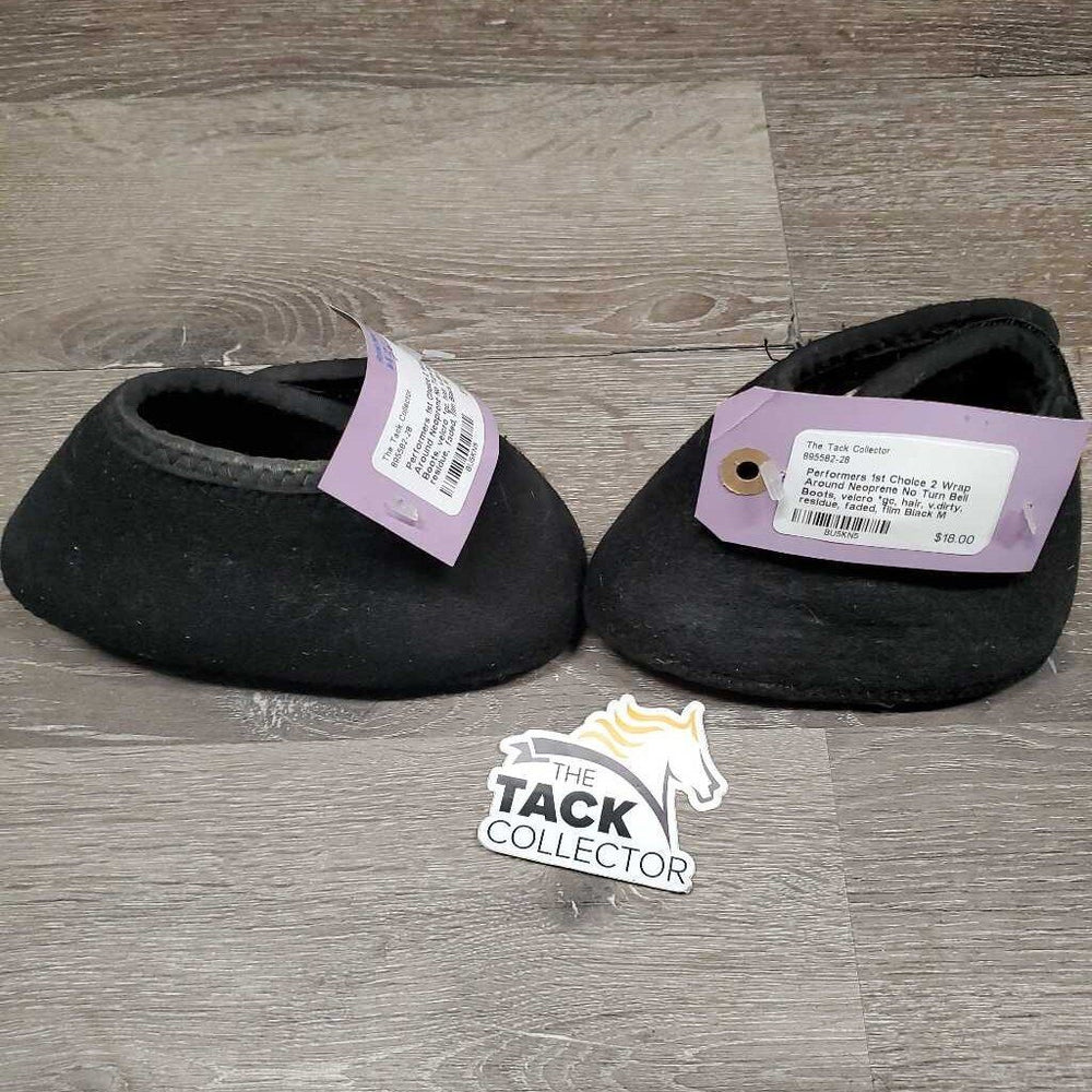 2 Wrap Around Neoprene No Turn Bell Boots, velcro *gc, hair, v.dirty, residue, faded, film