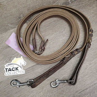 Pr Cotton Web Draw Reins, leather adjustable loops, snaps *gc, mnr dirt, rubs, stiff & dry
